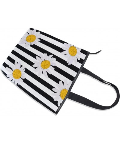 White Daisy Black Stripes Tote Handbag for Women Tote Bag, Canvas + leather Shoulder Bag, Hobo bag, Satchel Purse(228rh8a) $1...