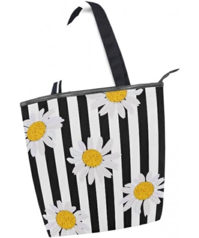 White Daisy Black Stripes Tote Handbag for Women Tote Bag, Canvas + leather Shoulder Bag, Hobo bag, Satchel Purse(228rh8a) $1...