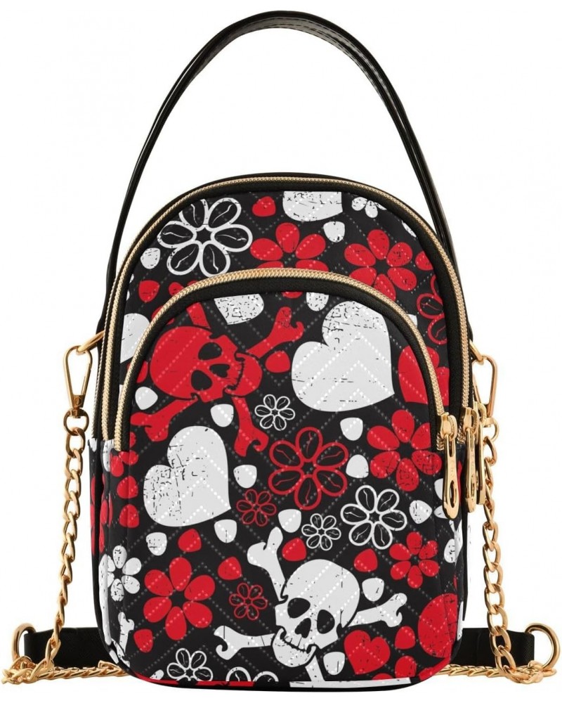 Red Skulls in Flowers Small Handbags Quilted Crossbody Bags for Women Chain Crossbody $14.55 Crossbody Bags