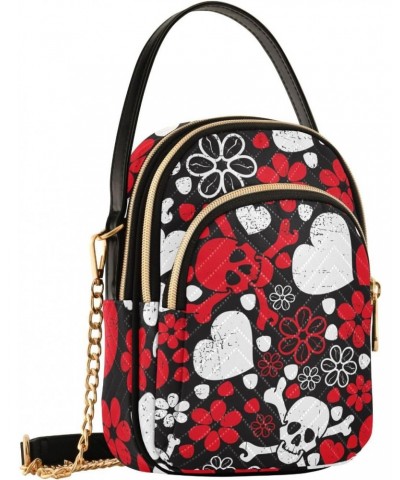 Red Skulls in Flowers Small Handbags Quilted Crossbody Bags for Women Chain Crossbody $14.55 Crossbody Bags