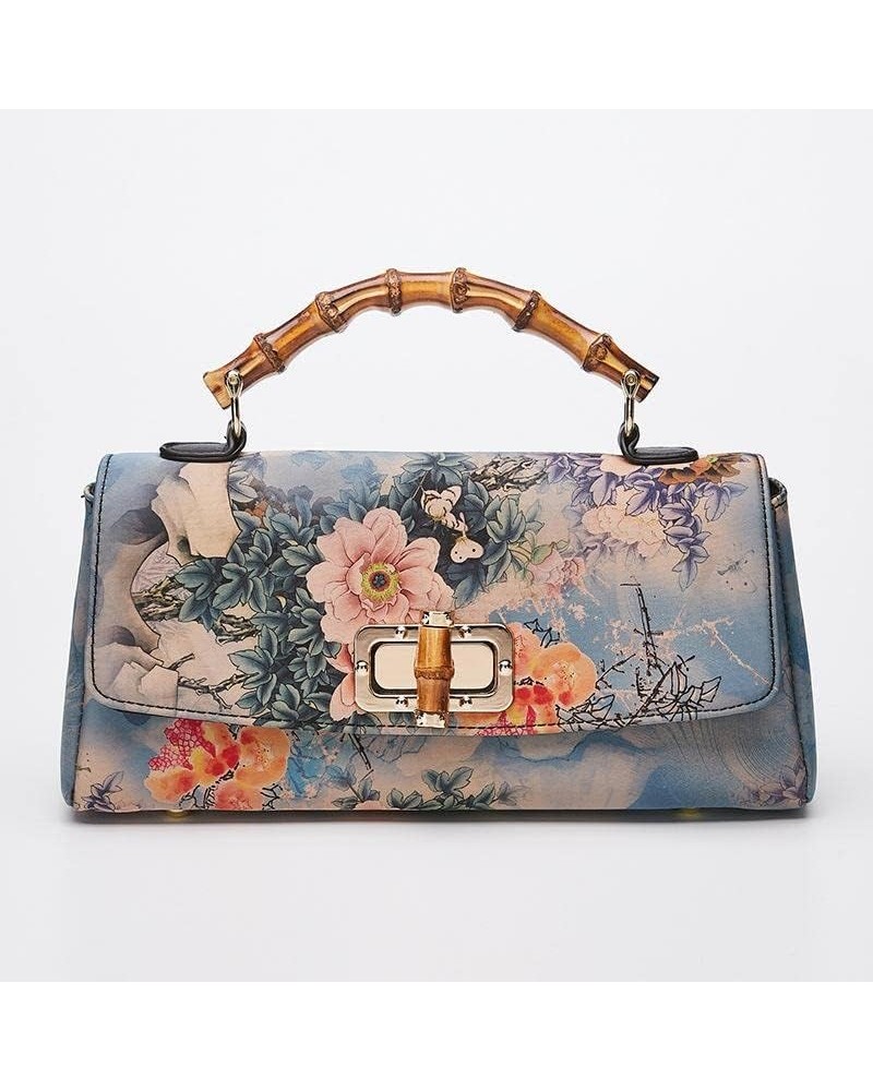 Johnature Cheongsam Leather Handbag Vintage Print Women Bag Handmade Elegan Ladies Shoulder & Crossbody Bags (Color : Blue) B...