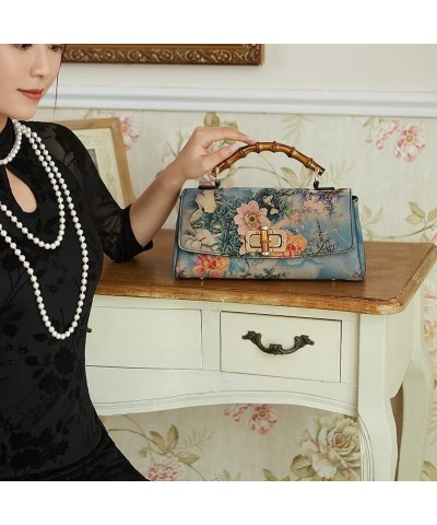 Johnature Cheongsam Leather Handbag Vintage Print Women Bag Handmade Elegan Ladies Shoulder & Crossbody Bags (Color : Blue) B...