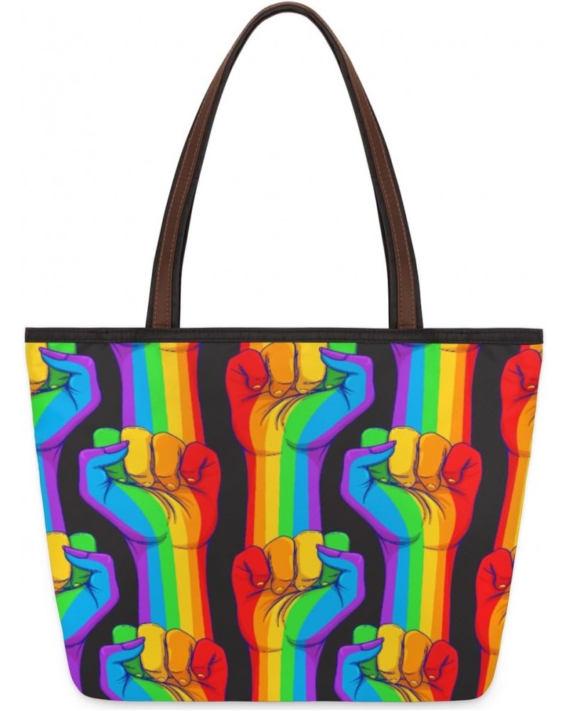 Rainbow Fists Large Tote Bag For Women Shoulder Handbags with Zippper Top Handle Satchel Bags for Shopping Travel Gym Work Sc...