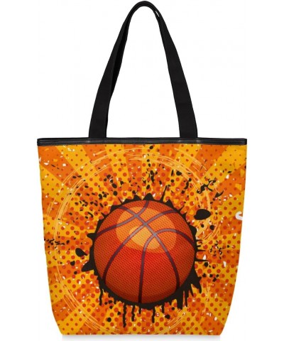 Basketball Retro Grunge Canvas Tote Bag for Women Shoulder Bag Canvas Handbags Purse with Zipper Pockets College Book Tote Ba...