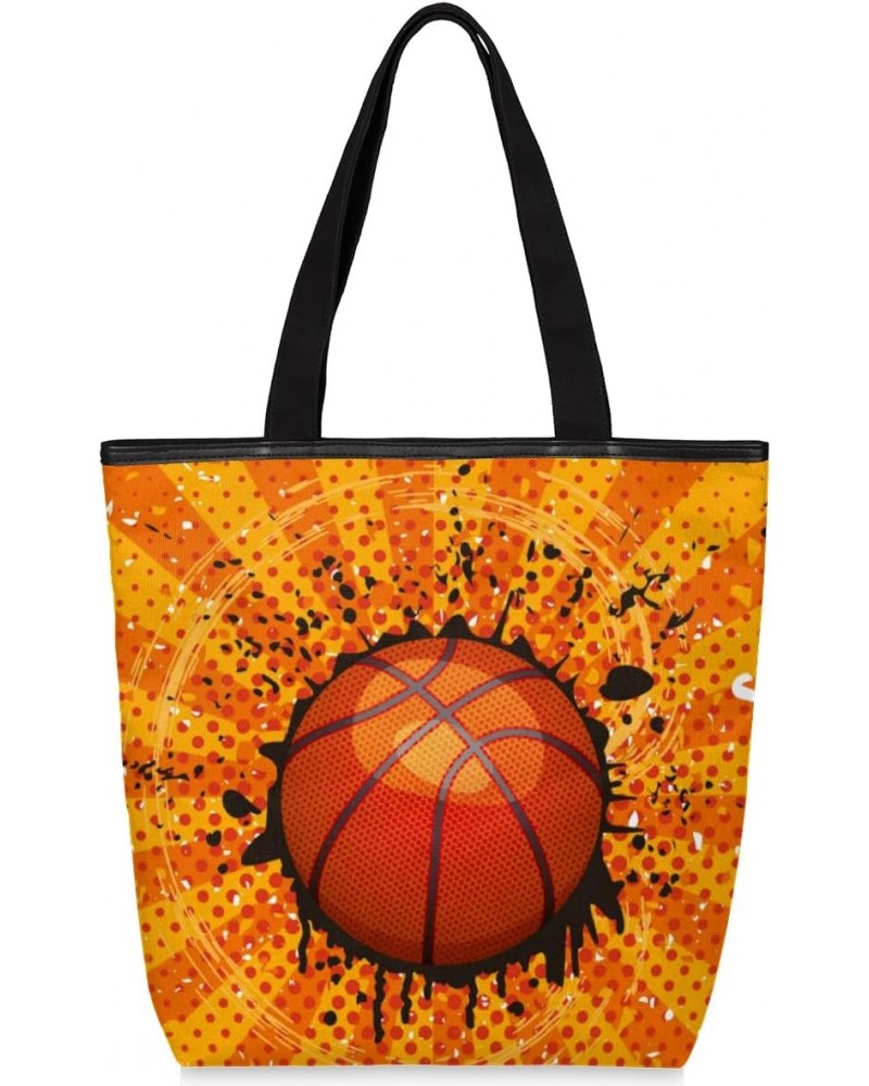 Basketball Retro Grunge Canvas Tote Bag for Women Shoulder Bag Canvas Handbags Purse with Zipper Pockets College Book Tote Ba...