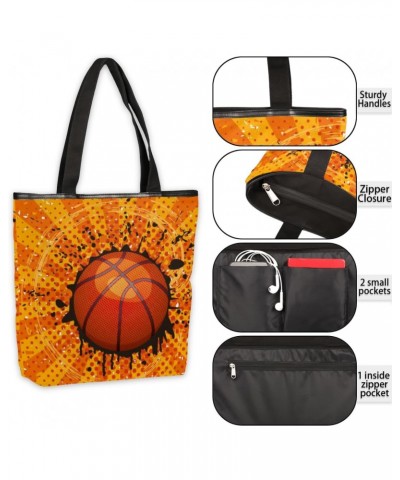 Basketball Retro Grunge Canvas Tote Bag for Women Shoulder Bag Canvas Handbags Purse with Zipper Pockets College Book Tote Ba...