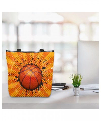 Basketball Retro Grunge Canvas Tote Bag for Women Shoulder Bag Canvas Handbags Purse with Zipper Pockets College Book Tote Ba...