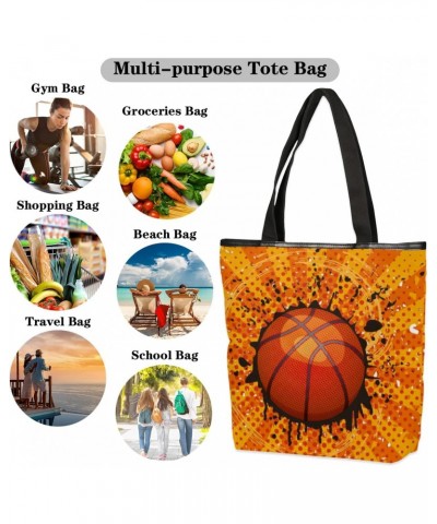 Basketball Retro Grunge Canvas Tote Bag for Women Shoulder Bag Canvas Handbags Purse with Zipper Pockets College Book Tote Ba...