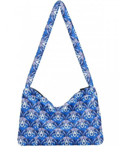 Blue Pattern Faux Plush Tote Handbags Versatile Underarm Bag Stylish Shuolder Bag for Women $12.31 Totes