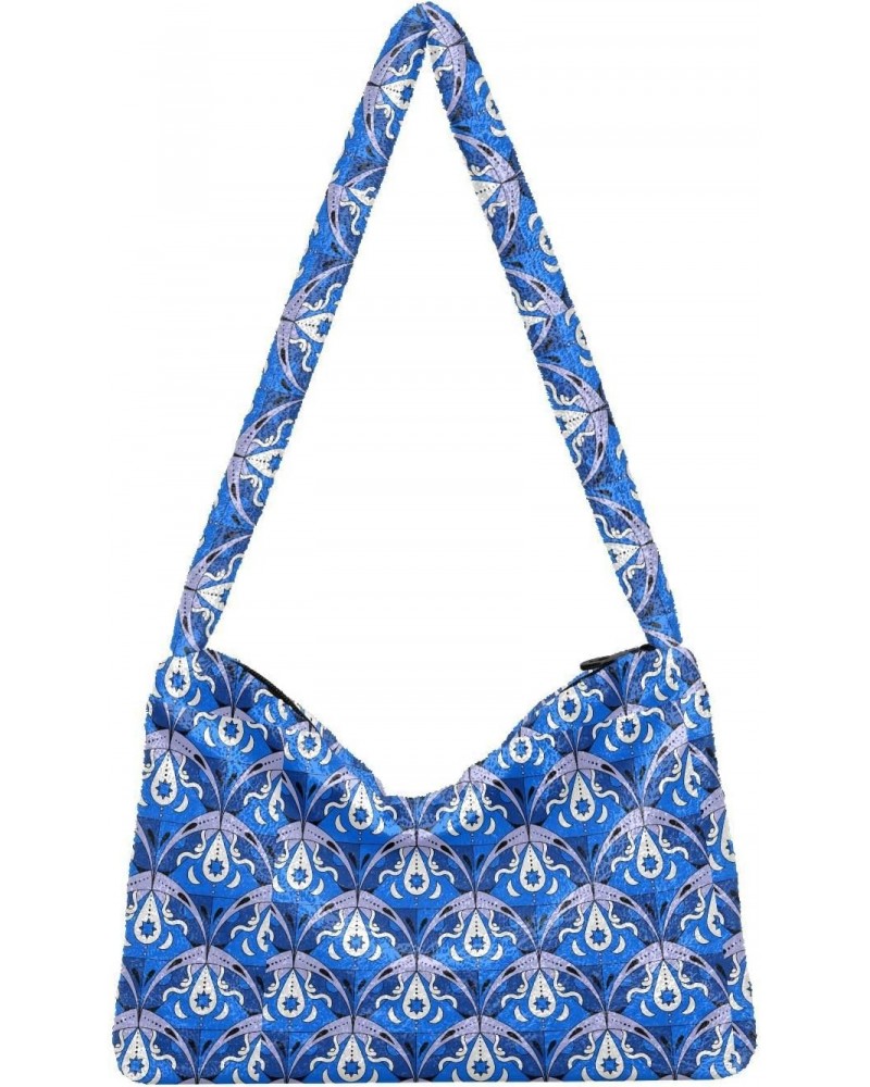 Blue Pattern Faux Plush Tote Handbags Versatile Underarm Bag Stylish Shuolder Bag for Women $12.31 Totes