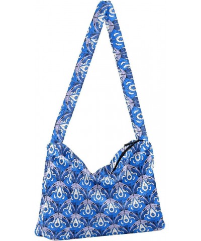 Blue Pattern Faux Plush Tote Handbags Versatile Underarm Bag Stylish Shuolder Bag for Women $12.31 Totes