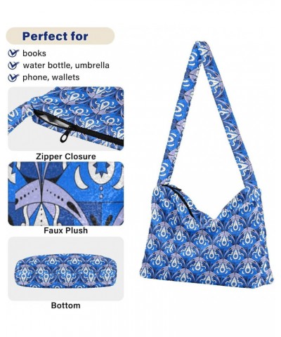 Blue Pattern Faux Plush Tote Handbags Versatile Underarm Bag Stylish Shuolder Bag for Women $12.31 Totes