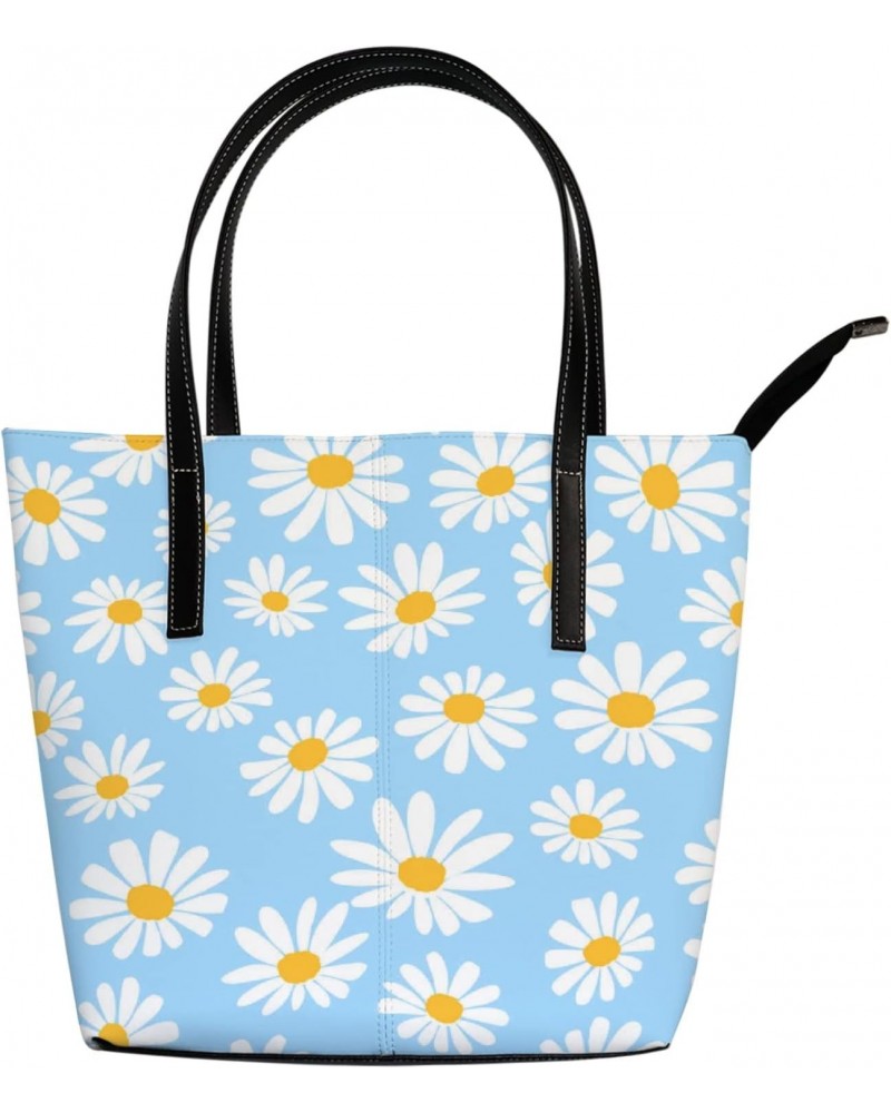 Shoulder Bag Tote Bags for Women Daisy Flower Blue Leather Shopper Work Handbags Large Casual Bag $22.99 Totes