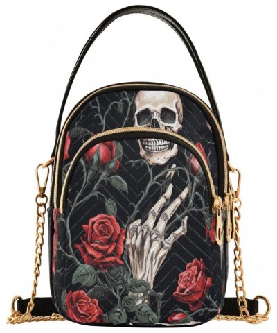 Sugar Skull Hand Rose Flower Black Small Chain Crossbody Travel Bag Handbag Cell Phone Purse for Women $12.76 Crossbody Bags