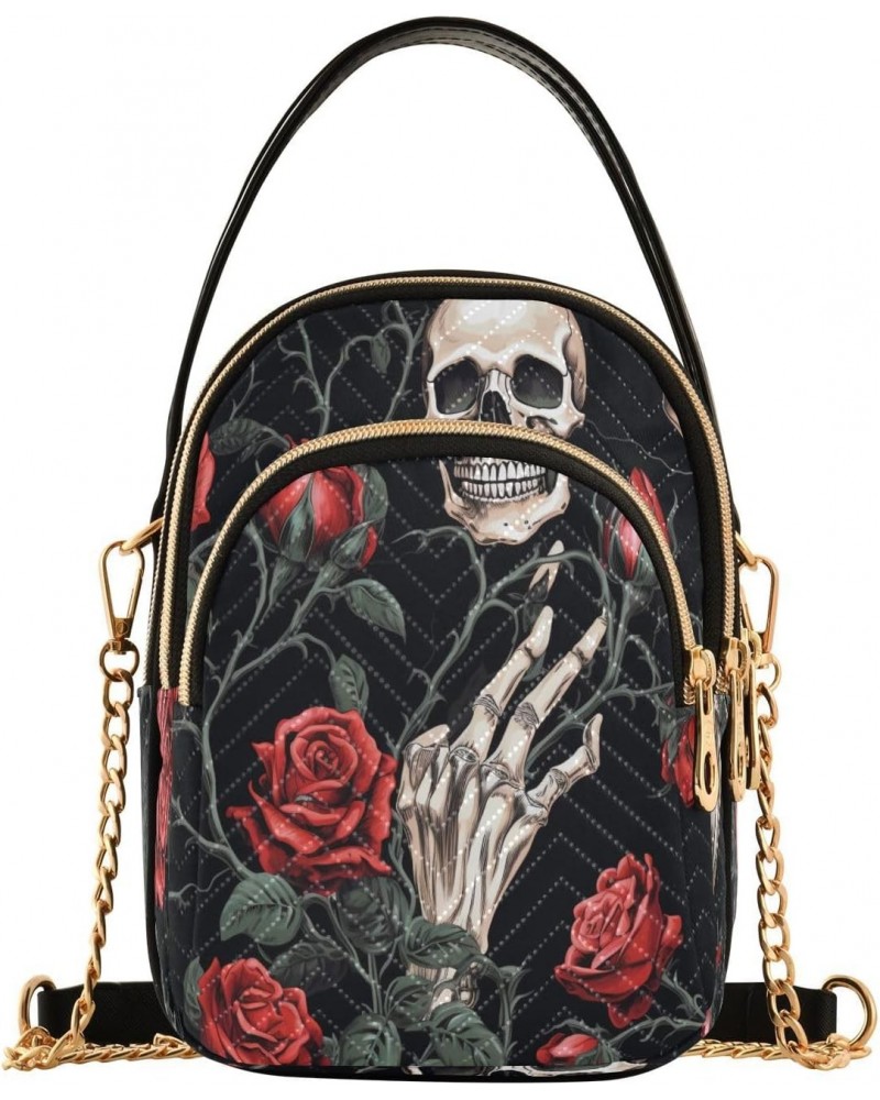 Sugar Skull Hand Rose Flower Black Small Chain Crossbody Travel Bag Handbag Cell Phone Purse for Women $12.76 Crossbody Bags