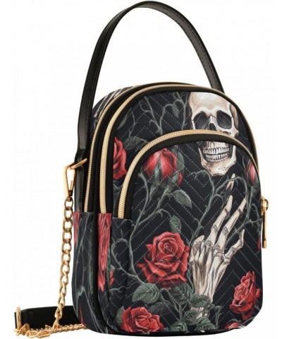 Sugar Skull Hand Rose Flower Black Small Chain Crossbody Travel Bag Handbag Cell Phone Purse for Women $12.76 Crossbody Bags