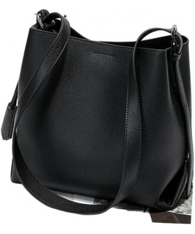 Genuine leather women's bag cowhide large capacity bucket bag shoulder bag commuter bag crossbody bag Black $85.26 Backpacks