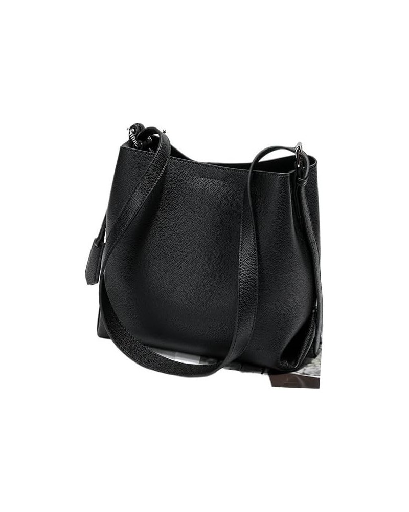 Genuine leather women's bag cowhide large capacity bucket bag shoulder bag commuter bag crossbody bag Black $85.26 Backpacks