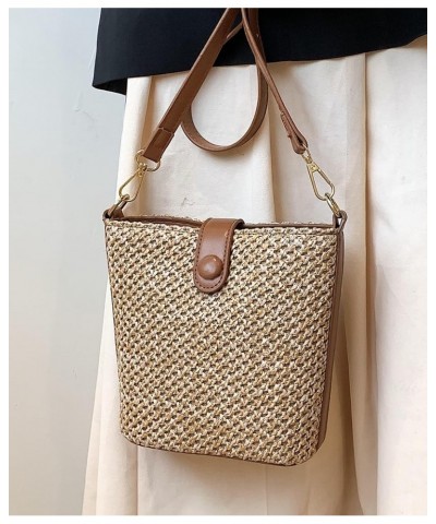 Women Straw Crossbody Bag Beach Handmade Rattan Shoulder Bags Hand Woven Leather Straps Straw Clutch Purse Vacation Brown-lar...