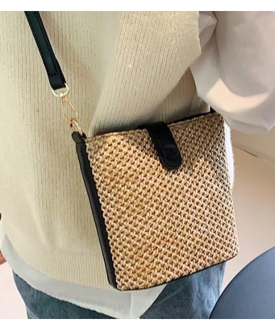 Women Straw Crossbody Bag Beach Handmade Rattan Shoulder Bags Hand Woven Leather Straps Straw Clutch Purse Vacation Brown-lar...