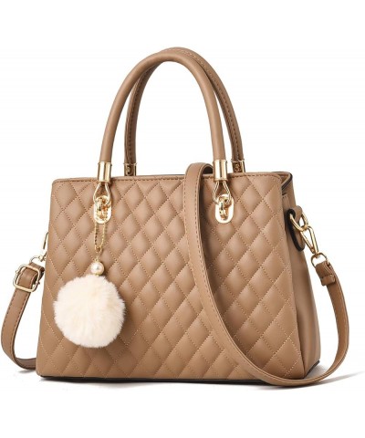 Womens Leather Handbag Purses Top Handle Quilted Shoulder Bag Totes Satchel for Ladies with Pompon Khaki $16.95 Satchels