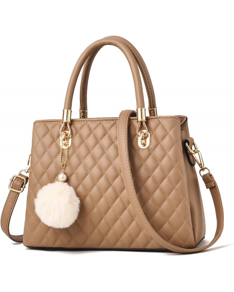 Womens Leather Handbag Purses Top Handle Quilted Shoulder Bag Totes Satchel for Ladies with Pompon Khaki $16.95 Satchels