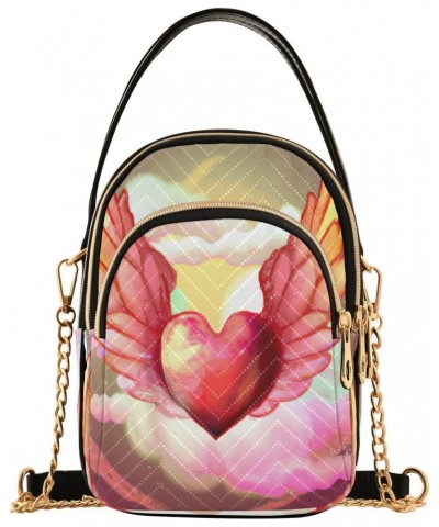 Watercolor Heart with Wings Crossbody Bags for Women Quilted Shoulder Bag Handbag with Chain Strap Trendy Cross Body Cell Pho...