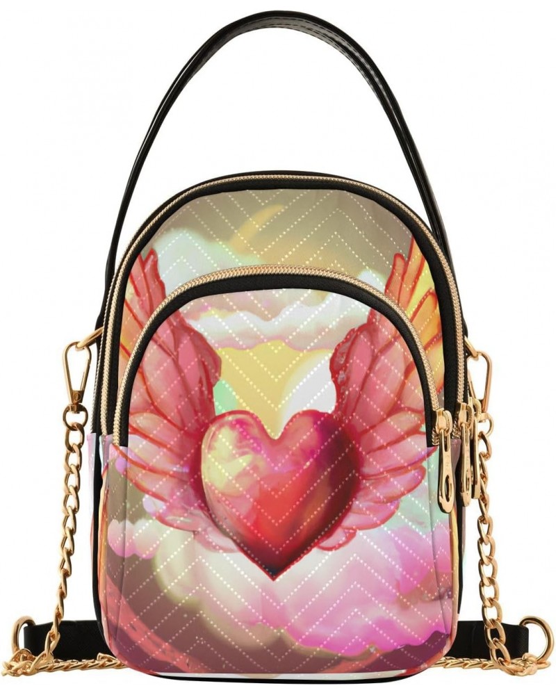 Watercolor Heart with Wings Crossbody Bags for Women Quilted Shoulder Bag Handbag with Chain Strap Trendy Cross Body Cell Pho...