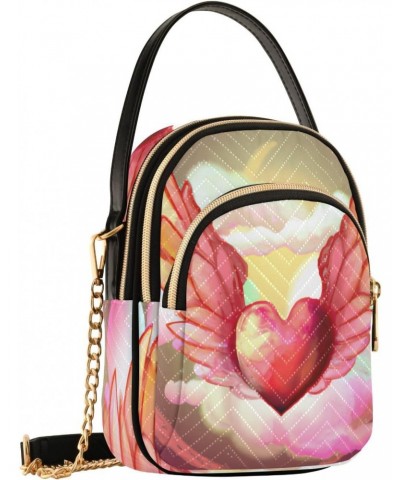 Watercolor Heart with Wings Crossbody Bags for Women Quilted Shoulder Bag Handbag with Chain Strap Trendy Cross Body Cell Pho...