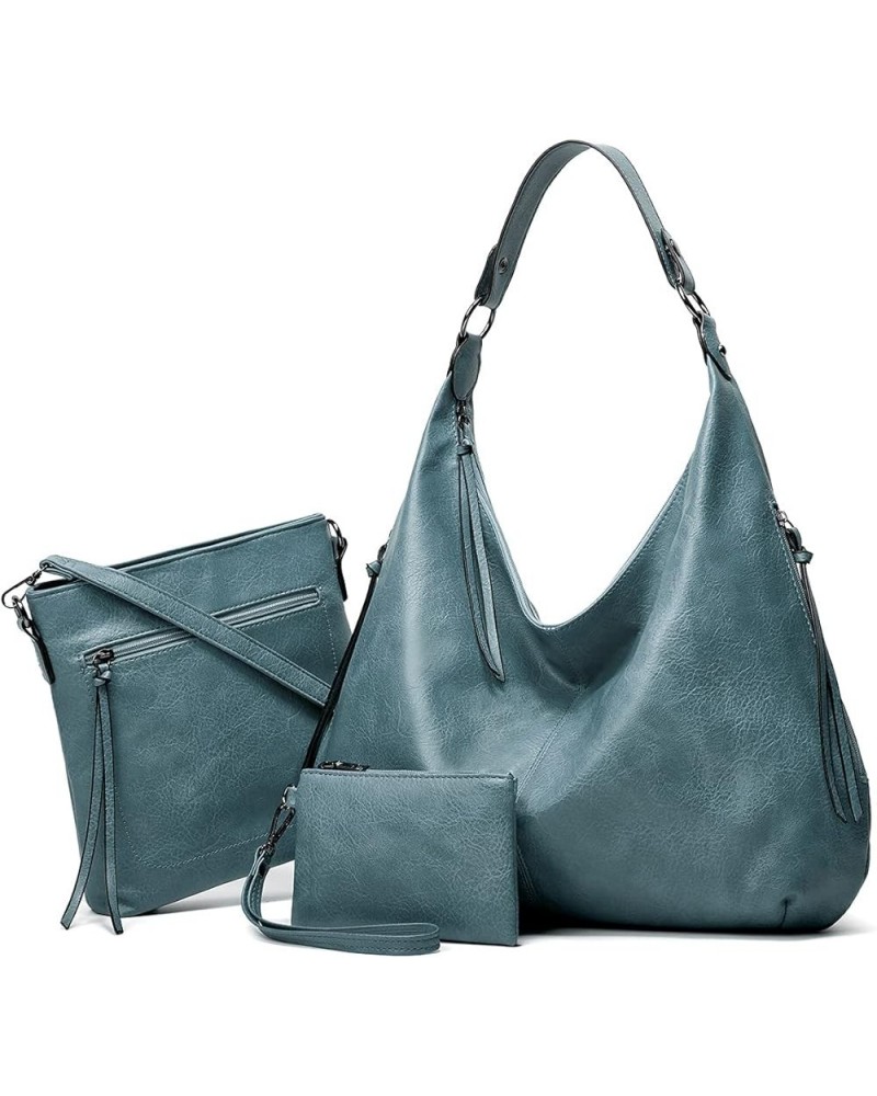 Hobo Bags for Women Soft PU Leather Slouchy Bag Shoulder Purse with Zipper Blue Three-piece Suit $18.23 Totes