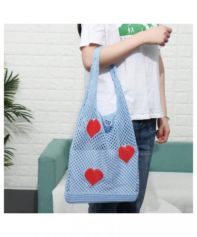 Crochet Tote Bag Mesh Beach Bag Fairycore Hobo Bag Fairy Grunge Aesthetic Shoulder Bag Y2k Purse for Women Girls F-blue With ...