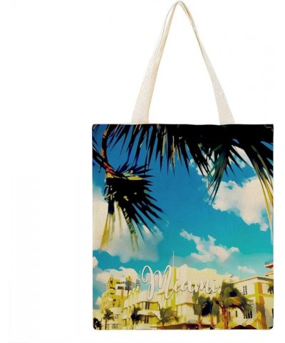 Miami City Scene Ocean Building Cityscape Natural Landscape Canvas Tote Bag with Handle Cute Book Bag Shopping Shoulder Bag f...