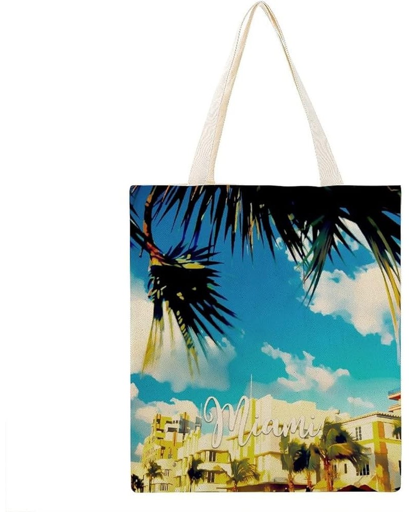 Miami City Scene Ocean Building Cityscape Natural Landscape Canvas Tote Bag with Handle Cute Book Bag Shopping Shoulder Bag f...