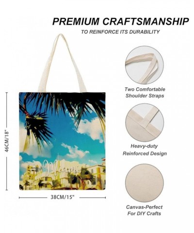 Miami City Scene Ocean Building Cityscape Natural Landscape Canvas Tote Bag with Handle Cute Book Bag Shopping Shoulder Bag f...