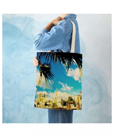 Miami City Scene Ocean Building Cityscape Natural Landscape Canvas Tote Bag with Handle Cute Book Bag Shopping Shoulder Bag f...