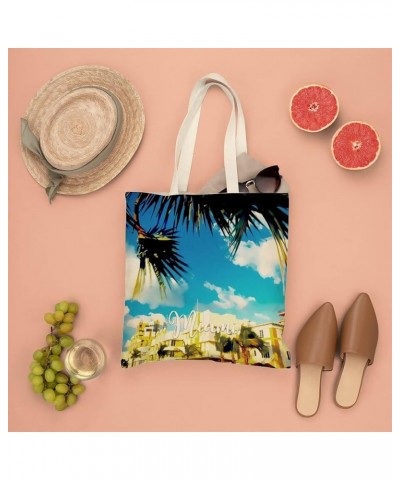 Miami City Scene Ocean Building Cityscape Natural Landscape Canvas Tote Bag with Handle Cute Book Bag Shopping Shoulder Bag f...