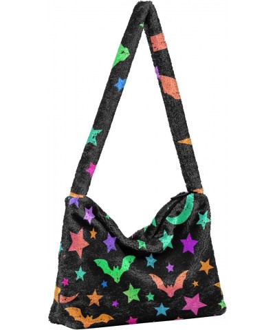 Halloween Women Boho Handbag Neon Bat Moon Stars Underarm Bag Tote Bag Shoulder Bag Crossbody Bag Fluffy Cell Phone Purse Lad...