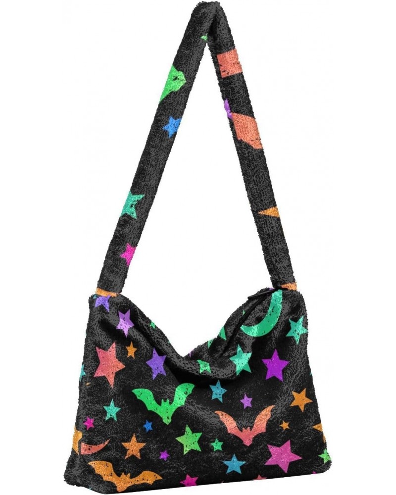 Halloween Women Boho Handbag Neon Bat Moon Stars Underarm Bag Tote Bag Shoulder Bag Crossbody Bag Fluffy Cell Phone Purse Lad...