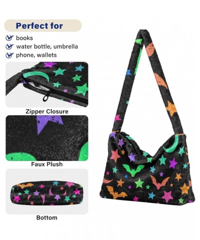 Halloween Women Boho Handbag Neon Bat Moon Stars Underarm Bag Tote Bag Shoulder Bag Crossbody Bag Fluffy Cell Phone Purse Lad...