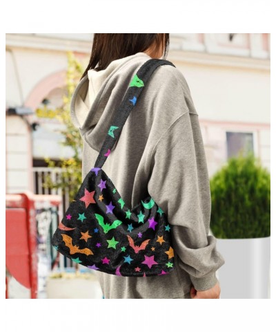 Halloween Women Boho Handbag Neon Bat Moon Stars Underarm Bag Tote Bag Shoulder Bag Crossbody Bag Fluffy Cell Phone Purse Lad...