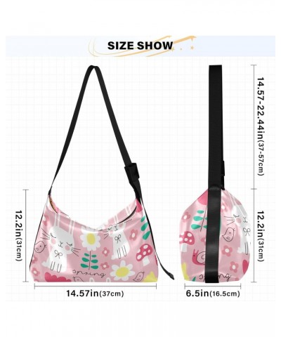 Large Crossbody Bag Drawn Spring Bunny Rabbit Flower Pink PU Leather Shoulder Bag for Women Girls $14.19 Crossbody Bags