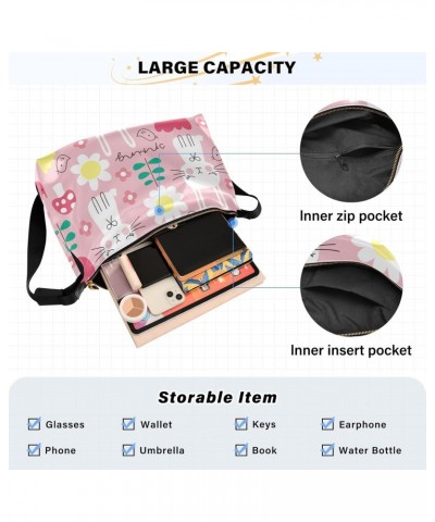 Large Crossbody Bag Drawn Spring Bunny Rabbit Flower Pink PU Leather Shoulder Bag for Women Girls $14.19 Crossbody Bags