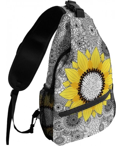 Sling Bag Crossbody Bag for Women Men Sunflower on Mandala Background Waterproof Hiking Backpack Lightweight Chest Shoulder B...