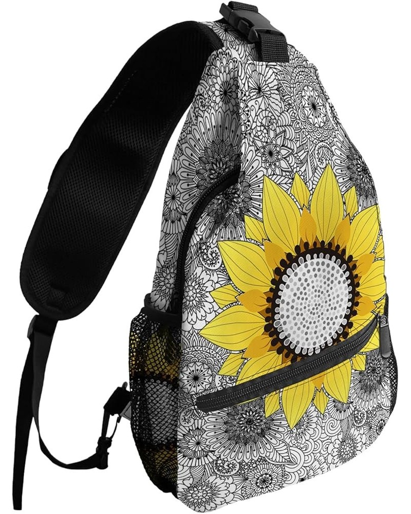 Sling Bag Crossbody Bag for Women Men Sunflower on Mandala Background Waterproof Hiking Backpack Lightweight Chest Shoulder B...