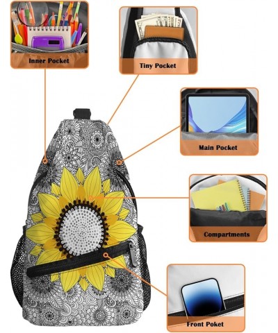 Sling Bag Crossbody Bag for Women Men Sunflower on Mandala Background Waterproof Hiking Backpack Lightweight Chest Shoulder B...