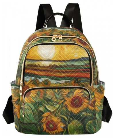 Medium Fashion Backpack for Women Painting Sunflower Field Print Ladies Travel Daypack Aesthetic Shoulder Bag 11.4×6.1×14.1 I...