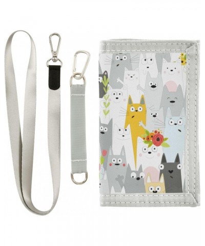 Cartoon Funny Cats Trifold Wallet Fabric Wallet Small Nylon Wallet Card Wallet with Lanyard $10.02 Wallets