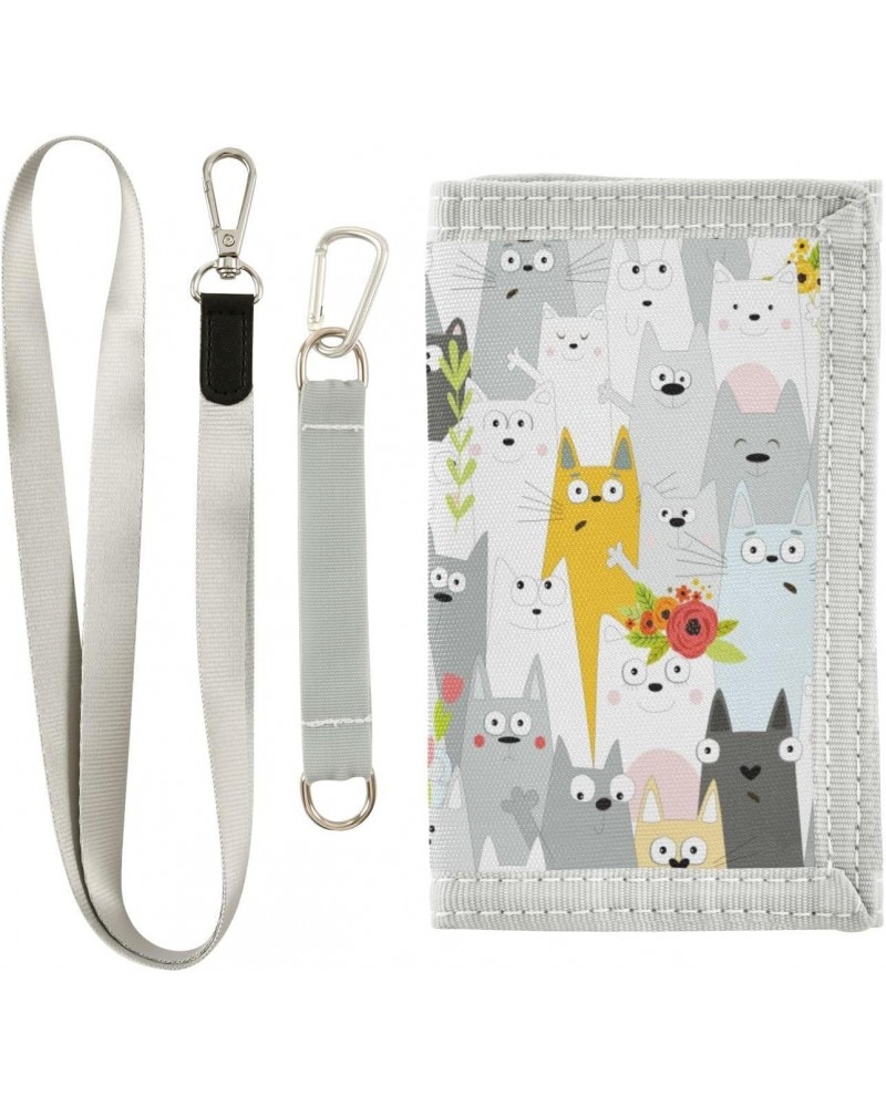 Cartoon Funny Cats Trifold Wallet Fabric Wallet Small Nylon Wallet Card Wallet with Lanyard $10.02 Wallets