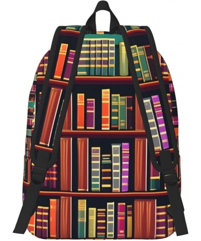 Library Bookshelf Print Lightweight Travel Canvas Backpack Casual Daypack For Men Women Work, Sports, Beach Black Small $18.4...