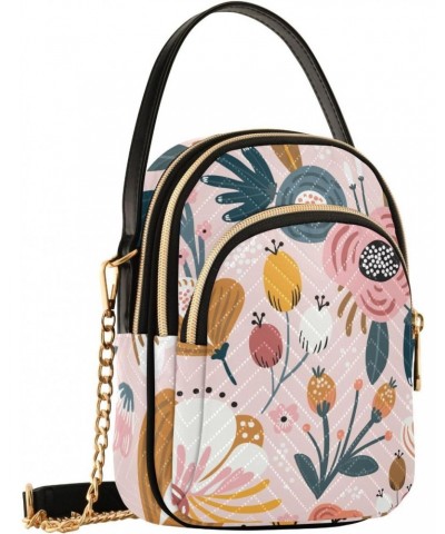 Colorful Flowers Floral on Pink Womens Sling Backpack Crossbody Chain Shoulder Bags Waist Packs Multipurpose Handbags for Tra...